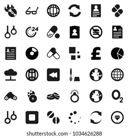Flat vector icon set - toilet brush vector, glasses, world, personal information, pie graph, pound, pills, no fastfood, gymnast rings, oxygen, earth, music hit, stop button, backward, cloud network