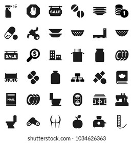 Flat vector icon set - toilet vector, sprayer, plates, colander, cookbook, jar, pasta, corner ruler, apple fruit, coin stack, money search, hierarchy, stadium, buttocks, pills, Railway carriage