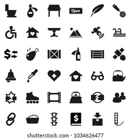 Flat vector icon set - toilet vector, foam basin, kettle, skimmer, chicken leg, pen, glasses, bell, exchange, annual report, roller Skates, satellite, traffic light, wood box, package, film frame