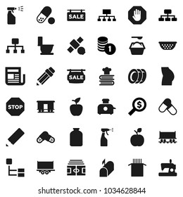 Flat vector icon set - toilet vector, washing powder, sprayer, plates, colander, cookbook, jar, pasta, pencil, apple fruit, coin stack, money search, hierarchy, stadium, buttocks, pills, satellite