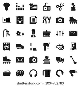 Flat vector icon set - toilet brush vector, foam basin, shower, sink, measuring cup, ladle, cookbook, plates, mushroom, university, graph, roller Skates, heart monitor, delivery, document, camera