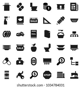 Flat vector icon set - toilet vector, washing powder, sprayer, plates, colander, cookbook, pasta, pencil, corner ruler, apple fruit, coin stack, money search, hierarchy, pills, stadium, satellite