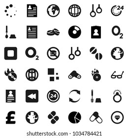Flat vector icon set - toilet brush vector, glasses, world, personal information, pie graph, pound, pills, no fastfood, gymnast rings, oxygen, earth, music hit, stop button, backward, refresh, globe