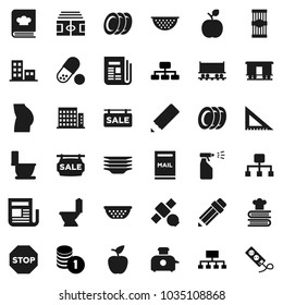 Flat vector icon set - toilet vector, sprayer, plates, colander, cookbook, pasta, pencil, corner ruler, apple fruit, coin stack, hierarchy, stadium, buttocks, pills, Railway carriage, satellite