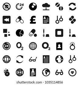Flat vector icon set - toilet brush vector, glasses, world, personal information, pie graph, pound, pills, no fastfood, gymnast rings, oxygen, earth, music hit, stop button, backward, cloud network