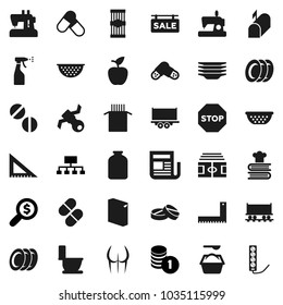 Flat vector icon set - toilet vector, washing powder, sprayer, plates, colander, cookbook, jar, pasta, corner ruler, apple fruit, coin stack, money search, hierarchy, stadium, buttocks, pills, stop