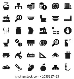 Flat vector icon set - toilet vector, washing powder, sprayer, plates, colander, jar, pasta, corner ruler, apple fruit, coin stack, money search, hierarchy, buttocks, Railway carriage, satellite
