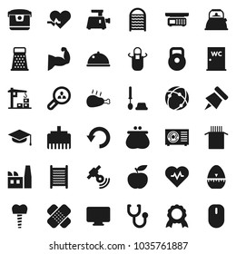 Flat vector icon set - toilet brush vector, washboard, water closet, kettle, apron, cook timer, grater, dish, pasta, chicken leg, graduate hat, paper pin, medal, diet, heart pulse, weight, patch