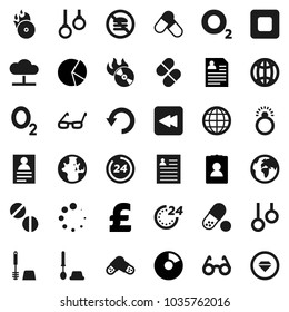 Flat vector icon set - toilet brush vector, glasses, world, personal information, pie graph, pound, pills, no fastfood, gymnast rings, oxygen, earth, music hit, stop button, backward, cloud network