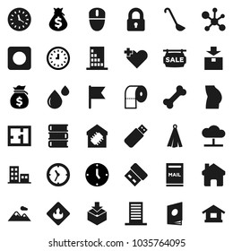 Flat vector icon set - toilet paper vector, towel, ladle, book, molecule, flag, money bag, clock, buttocks, bone, package, flammable, rec button, heart cross, blood drop, cloud network, home, plan