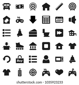 Flat vector icon set - toilet vector, microwave oven, cake, ruler, bell, school bus, university, calculator, target, arrow down, t shirt, roller Skates, calendar, speaker, gamepad, remote control