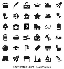 Flat vector icon set - toilet vector, foam basin, pencil, glasses, student, annual report, fitball, shorts, roller Skates, shuttlecock, ship, truck trailer, dry cargo, tulip, satellitie, battery