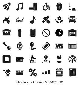 Flat vector icon set - toilet brush vector, cleaning agent, house hold, skimmer, glasses, student, school bus, music, pie graph, swimsuite, heart monitor, shuttlecock, prohibition sign, navigator