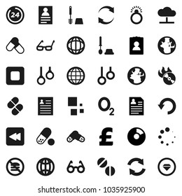 Flat vector icon set - toilet brush vector, glasses, world, personal information, pie graph, pound, pills, no fastfood, gymnast rings, oxygen, earth, music hit, stop button, backward, cloud network