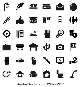Flat vector icon set - toilet vector, drying clothes, rubber glove, pen, case, crisis, investment, coin stack, target, man, dollar flag, monitor, fitball, traffic light, warehouse, camera, finger up