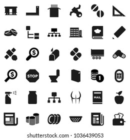 Flat vector icon set - toilet vector, washing powder, sprayer, colander, cookbook, plates, jar, pasta, pencil, corner ruler, apple fruit, coin stack, money search, hierarchy, buttocks, stadium, stop