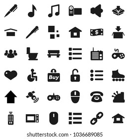 Flat vector icon set - toilet vector, microwave oven, pen, music, arrow up, roller Skates, dry cargo, satellitie, speaker, gamepad, remote control, group, heart, disabled, menu, bench, loading, cash