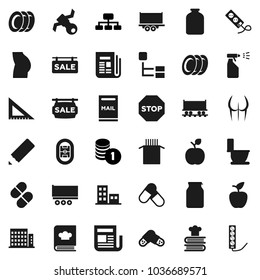 Flat vector icon set - toilet vector, sprayer, plates, cookbook, jar, pasta, pencil, corner ruler, apple fruit, coin stack, hierarchy, buttocks, pills, stadium, Railway carriage, satellite, stop