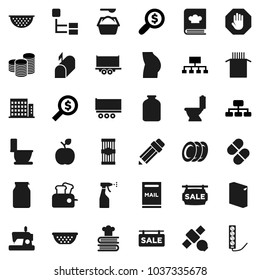 Flat vector icon set - toilet vector, washing powder, sprayer, colander, cookbook, plates, jar, pasta, pencil, apple fruit, coin stack, money search, hierarchy, buttocks, satellite, truck trailer