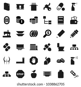 Flat vector icon set - toilet vector, washing powder, sprayer, plates, jar, pasta, pencil, corner ruler, apple fruit, coin stack, money search, hierarchy, buttocks, pills, stadium, satellite, stop