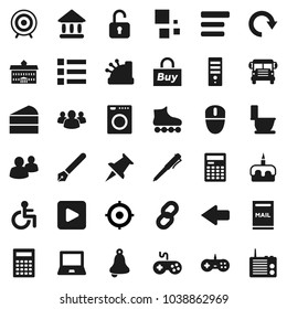 Flat vector icon set - toilet vector, cake, pen, university, bell, calculator, notebook pc, school bus, target, roller Skates, gamepad, group, thumbtack, play button, disabled, menu, arrow, redo