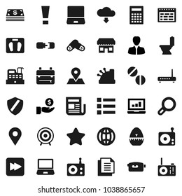 Flat vector icon set - toilet vector, cook timer, backpack, calculator, schedule, laptop graph, manager, investment, scales, target, map pin, document, radio, newspaper, video camera, notebook pc