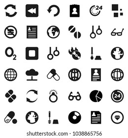 Flat vector icon set - toilet brush vector, glasses, world, personal information, pie graph, pills, no fastfood, gymnast rings, oxygen, earth, music hit, stop button, backward, cloud network, undo