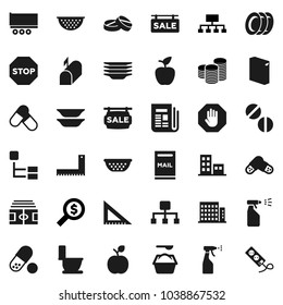Flat vector icon set - toilet vector, washing powder, sprayer, plates, colander, corner ruler, apple fruit, coin stack, money search, hierarchy, stadium, pills, truck trailer, newspaper, stop