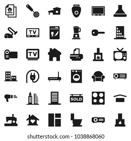 Flat vector icon set - toilet vector, skimmer, oven, dry cargo, tv, home, key, cottage, estate document, sold signboard, apartments, office building, cushioned furniture, love, fireplace, power plug