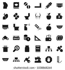 Flat vector icon set - toilet vector, sprayer, plates, colander, cookbook, jar, pasta, pencil, corner ruler, apple fruit, coin stack, money search, hierarchy, buttocks, satellite, truck trailer