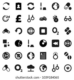 Flat vector icon set - toilet brush vector, glasses, world, personal information, pie graph, pound, pills, no fastfood, gymnast rings, oxygen, earth, music hit, stop button, backward, cloud network