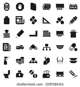 Flat vector icon set - toilet vector, washing powder, sprayer, colander, cookbook, plates, jar, pasta, pencil, corner ruler, coin stack, hierarchy, buttocks, pills, stadium, Railway carriage, stop