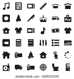 Flat vector icon set - toilet vector, cake, ruler, pen, bell, school bus, abacus, music, calculator, t shirt, target, calendar, dry cargo, radio, settings, touchscreen, backward button, rec, home