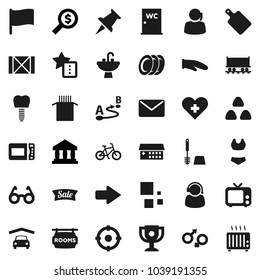 Flat vector icon set - toilet brush vector, water closet, sink, cook glove, cutting board, plates, cereal, pasta, glasses, award cup, flag, bank, money search, bike, swimsuite, Railway carriage, tv