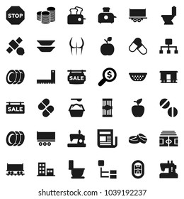 Flat vector icon set - toilet vector, washing powder, plates, colander, pasta, corner ruler, apple fruit, coin stack, money search, stadium, buttocks, pills, Railway carriage, satellite, newspaper