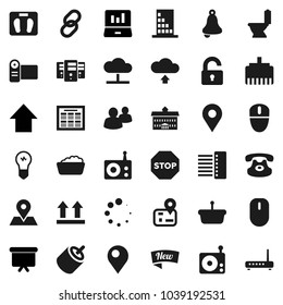 Flat vector icon set - toilet vector, foam basin, university, bell, schedule, laptop graph, arrow up, presentation board, scales, navigator, map pin, top sign, radio, classic phone, link, group, rca