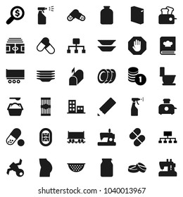 Flat vector icon set - toilet vector, washing powder, sprayer, plates, colander, cookbook, jar, pasta, pencil, coin stack, money search, hierarchy, stadium, buttocks, pills, Railway carriage, stop