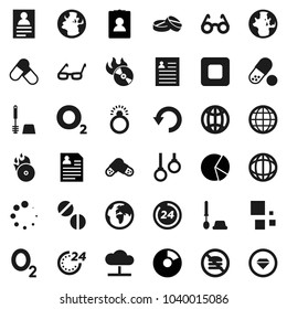 Flat vector icon set - toilet brush vector, glasses, world, personal information, pie graph, pills, no fastfood, gymnast rings, oxygen, earth, music hit, stop button, cloud network, undo, loading