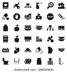Flat vector icon set - toilet vector, sprayer, plates, colander, cookbook, jar, apple fruit, coin stack, money search, hierarchy, buttocks, pills, Railway carriage, satellite, truck trailer, stop
