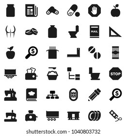 Flat vector icon set - toilet vector, washing powder, plates, cookbook, jar, pasta, pencil, corner ruler, apple fruit, money search, hierarchy, buttocks, pills, stadium, truck trailer, newspaper