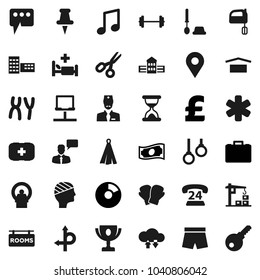 Flat vector icon set - toilet brush vector, towel, mixer, school building, award cup, scissors, music, pie graph, cash, case, pound, barbell, boxing glove, shorts, first aid kit, gymnast rings, pin