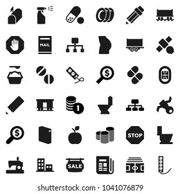 Flat vector icon set - toilet vector, washing powder, sprayer, plates, pencil, apple fruit, coin stack, money search, hierarchy, stadium, buttocks, pills, Railway carriage, satellite, truck trailer