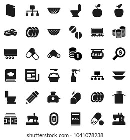 Flat vector icon set - toilet vector, washing powder, sprayer, plates, colander, cookbook, pasta, pencil, apple fruit, coin stack, money search, hierarchy, stadium, pills, Railway carriage, mailbox