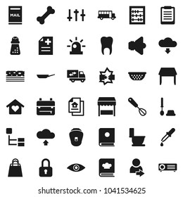 Flat vector icon set - toilet vector, brush, pan, colander, whisk, hand mill, cookbook, backpack, clipboard, school bus, abacus, breads, bone, speaker, settings, eye, dropper, anamnesis, tooth, lock