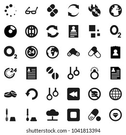 Flat vector icon set - toilet brush vector, glasses, personal information, pie graph, pills, no fastfood, gymnast rings, oxygen, earth, music hit, stop button, backward, cloud network, refresh, undo