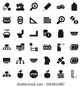 Flat vector icon set - toilet vector, washing powder, sprayer, plates, colander, cookbook, jar, pencil, corner ruler, apple fruit, coin stack, money search, hierarchy, buttocks, pills, stadium, stop