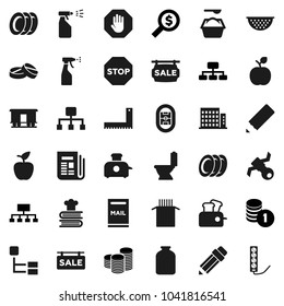 Flat vector icon set - toilet vector, washing powder, sprayer, plates, colander, cookbook, jar, pasta, pencil, corner ruler, apple fruit, coin stack, money search, hierarchy, stadium, satellite