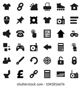 Flat vector icon set - toilet vector, pen, calculator, abacus, arrow up, any currency, pound, t shirt, roller Skates, target, calendar, radio, speaker, gamepad, touchscreen, group, thumbtack, menu
