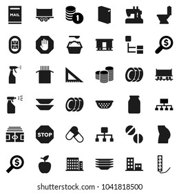 Flat vector icon set - toilet vector, washing powder, sprayer, plates, colander, jar, pasta, corner ruler, apple fruit, coin stack, money search, hierarchy, stadium, buttocks, pills, truck trailer