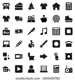 Flat vector icon set - toilet vector, microwave oven, cake, pen, bell, calculator, notebook pc, school bus, abacus, music, piggy bank, target, any currency, t shirt, roller Skates, dry cargo, stop